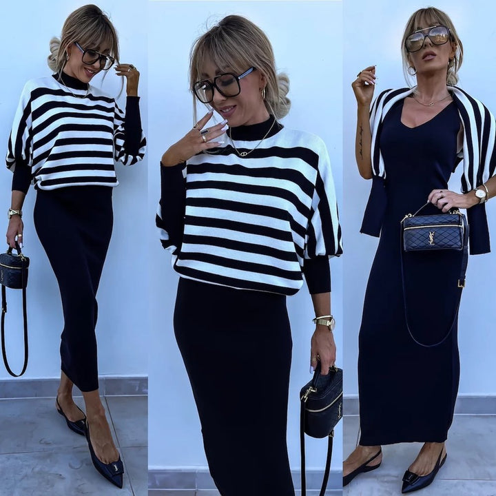Women's Elegant and Comfortable Striped Top and Tight Long Pants Set Skjora