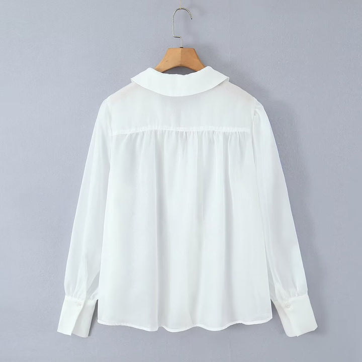 Dame elegant chiffonbluse med raffinerte puffærmer og edel krage Skjora