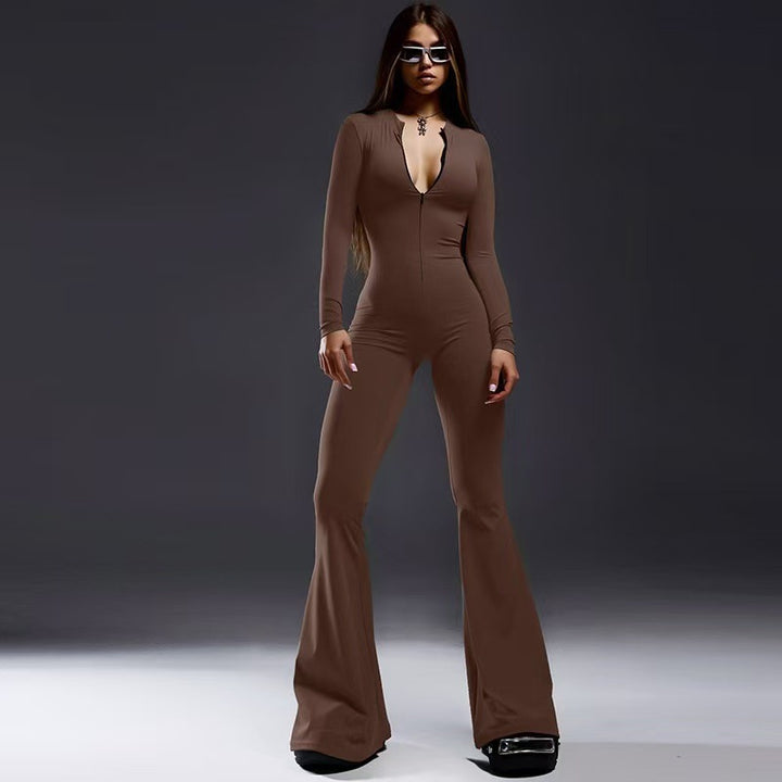 Dame Figurtilpasset Jumpsuit med dyp V-hals og utsvingte ben Skjora