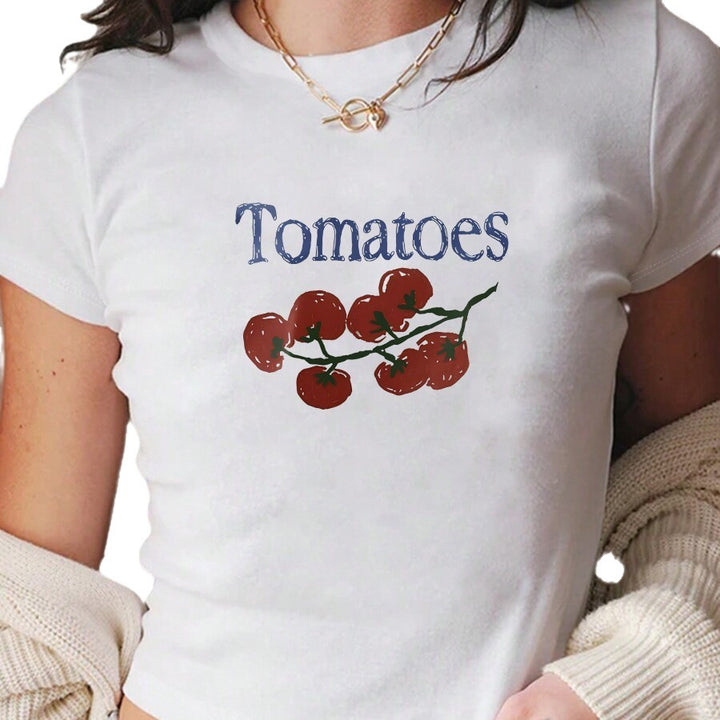 Dame Crop-T-skjorte med kreativt tomatmotiv Skjora