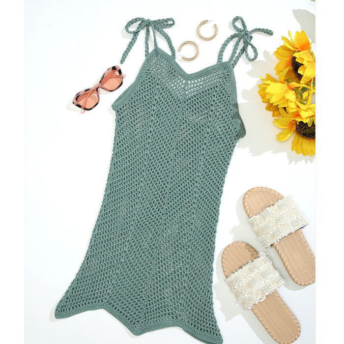 Damen Häkel-Strandkleid mit verstellbaren Trägern und dekorativem Netzdesign Skjora
