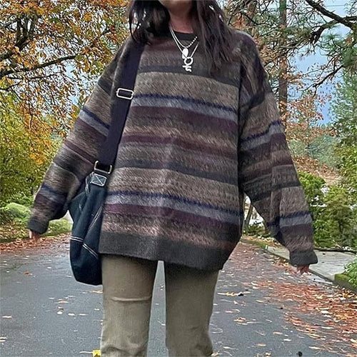 Damer koselig oversized genser med fargerik stripete mønster og brede ermer Skjora