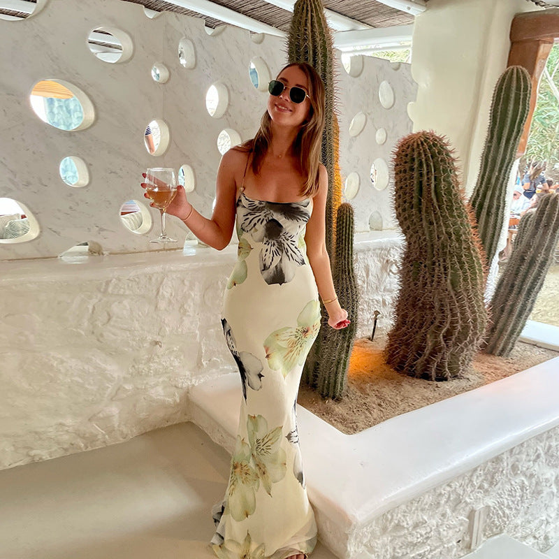 Dame elegant Maxikjole med blomsterdesign og justerbare spaghetti-stropper Skjora