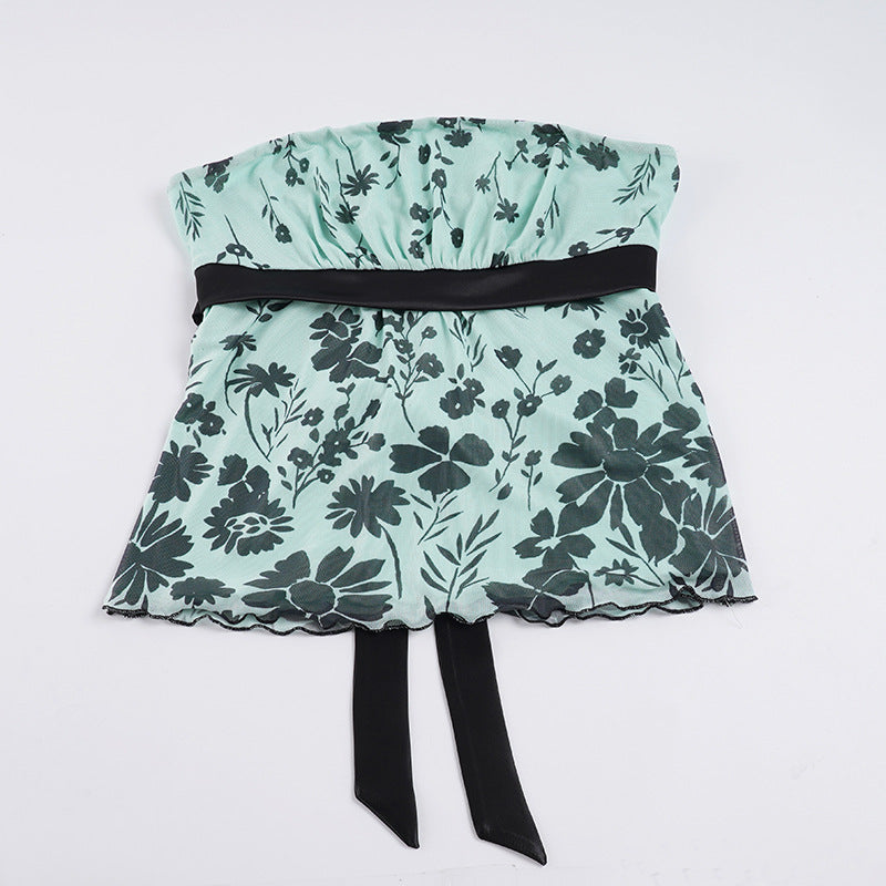 Dame Bandeau-top med blomstertrykk og justerbart belte Skjora