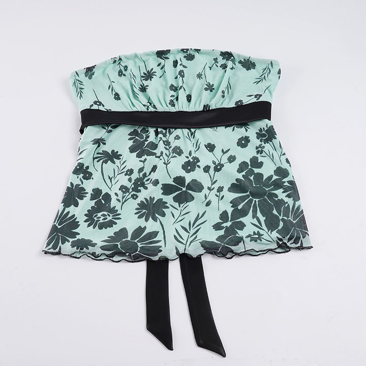 Dame Bandeau-top med blomstertrykk og justerbart belte Skjora