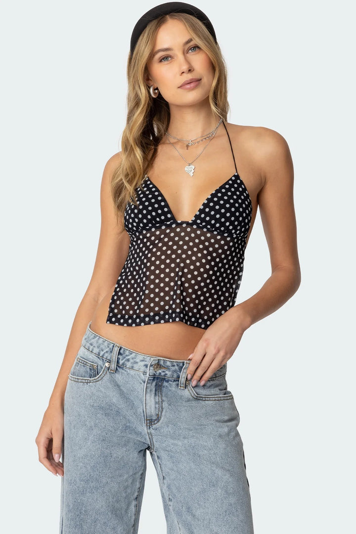 Dame Polka Dot Top med delikate stropper og figurtilpasset snitt Skjora