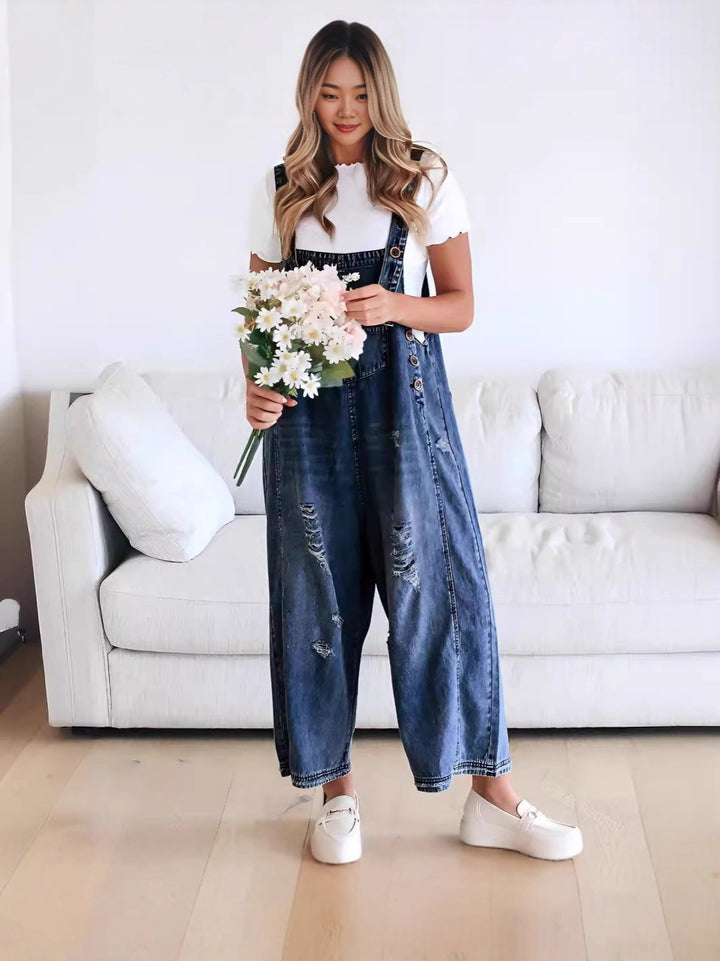 Dame casual denim overalls med trendy destroyed-detaljer Skjora