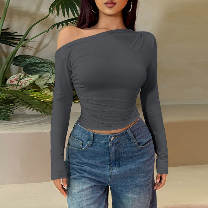 Damer Langermet Crop-Top med asymmetrisk utringning og rynking Skjora