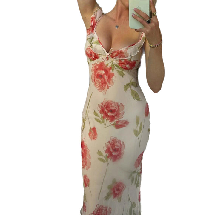 Dame Maxikjole med blomsterdesign og spaghetti-stropper Skjora