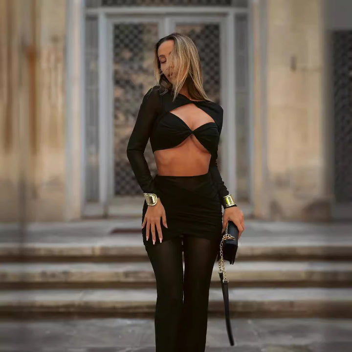 Damer elegant Crop-Top og vide bukser sett Skjora