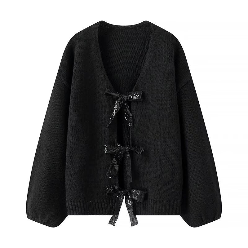 Kvinners Løs Strikket Cardigan med Elegante Sløyfedetaljer Skjora