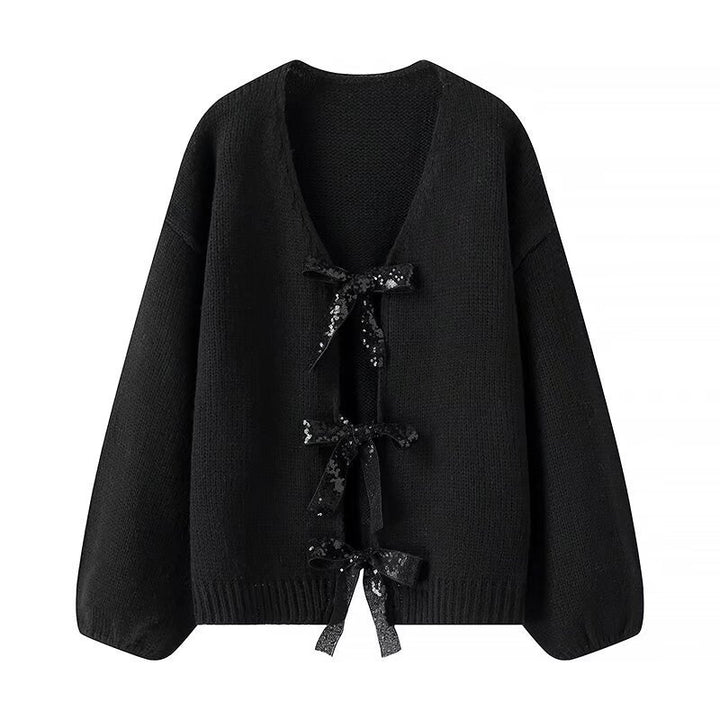 Kvinners Løs Strikket Cardigan med Elegante Sløyfedetaljer Skjora