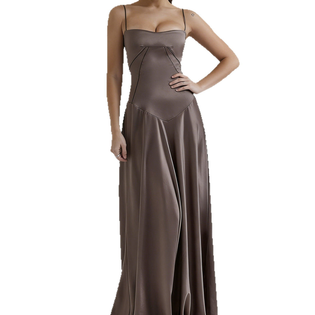 Women's elegant evening gown with floral print bodice and delicate spaghetti straps Skjora