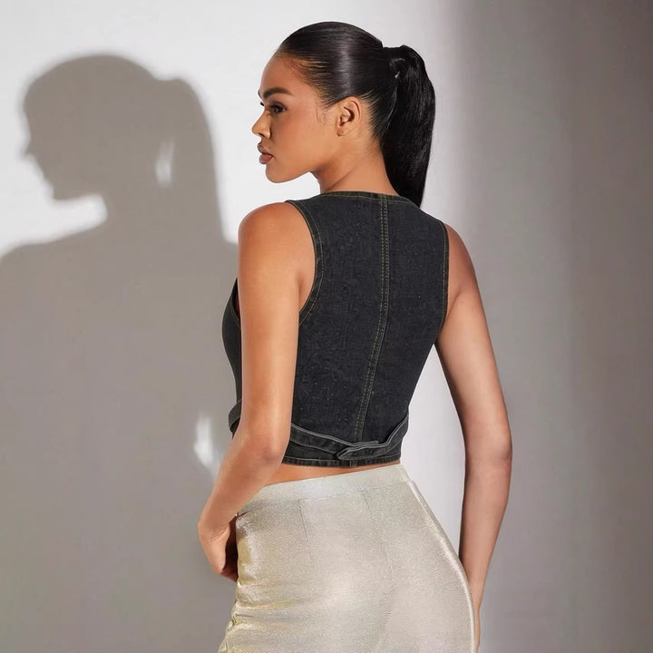 Dame Denim Bustier-Top med knappdetaljer og forlenget silhuett Skjora