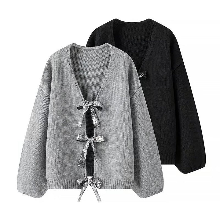 Kvinners Løs Strikket Cardigan med Elegante Sløyfedetaljer Skjora