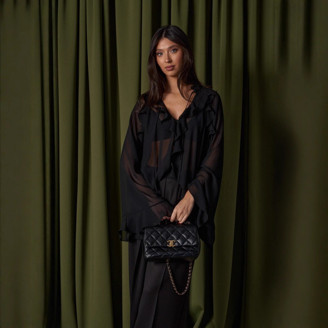 Dame Elegant Volang Topp med Flared Ermer Skjora