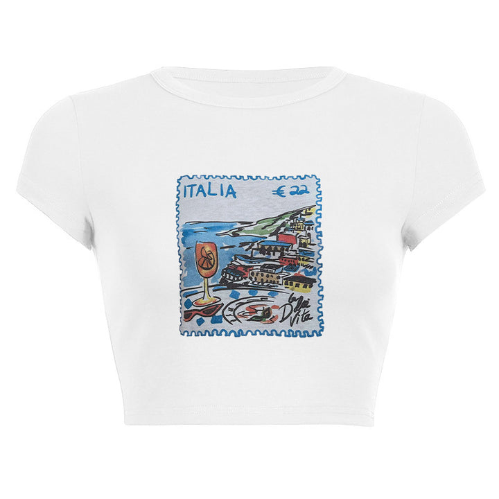 Dame ermeløs tanktop med kreativt postkortmotiv Skjora