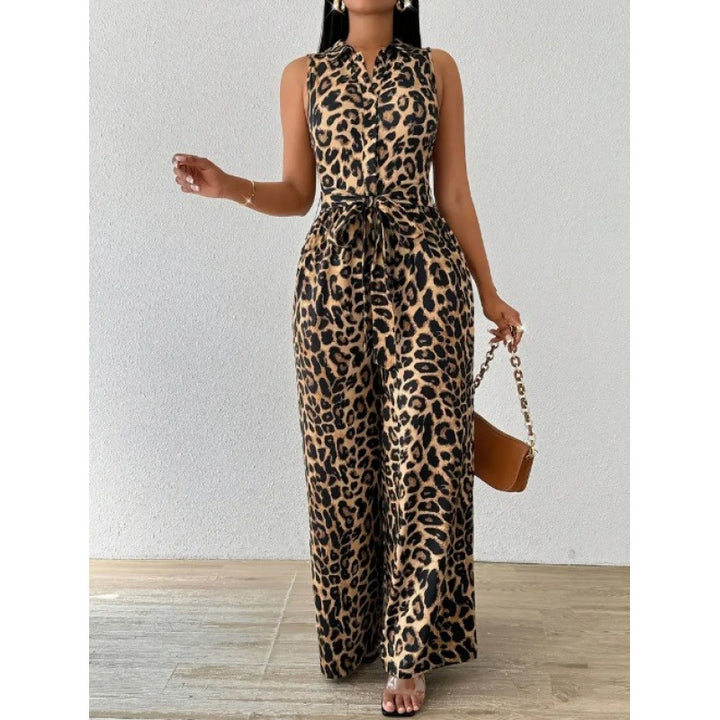 Dame Jumpsuit med leopardmønster og midjebeltet Skjora