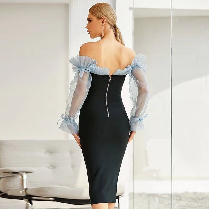 Kvinnes Figurtilpasset Cocktailkjole med Gjennomsiktige Puff Ermer og Elegant V-hals