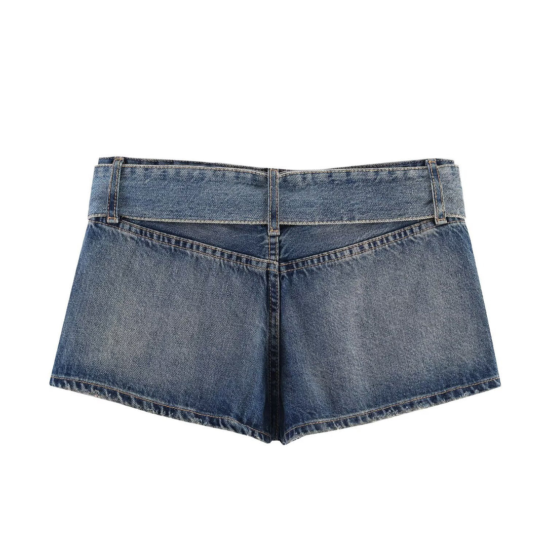 Dame moteriktig Destroyed Denim-Shorts med justerbart belte Skjora