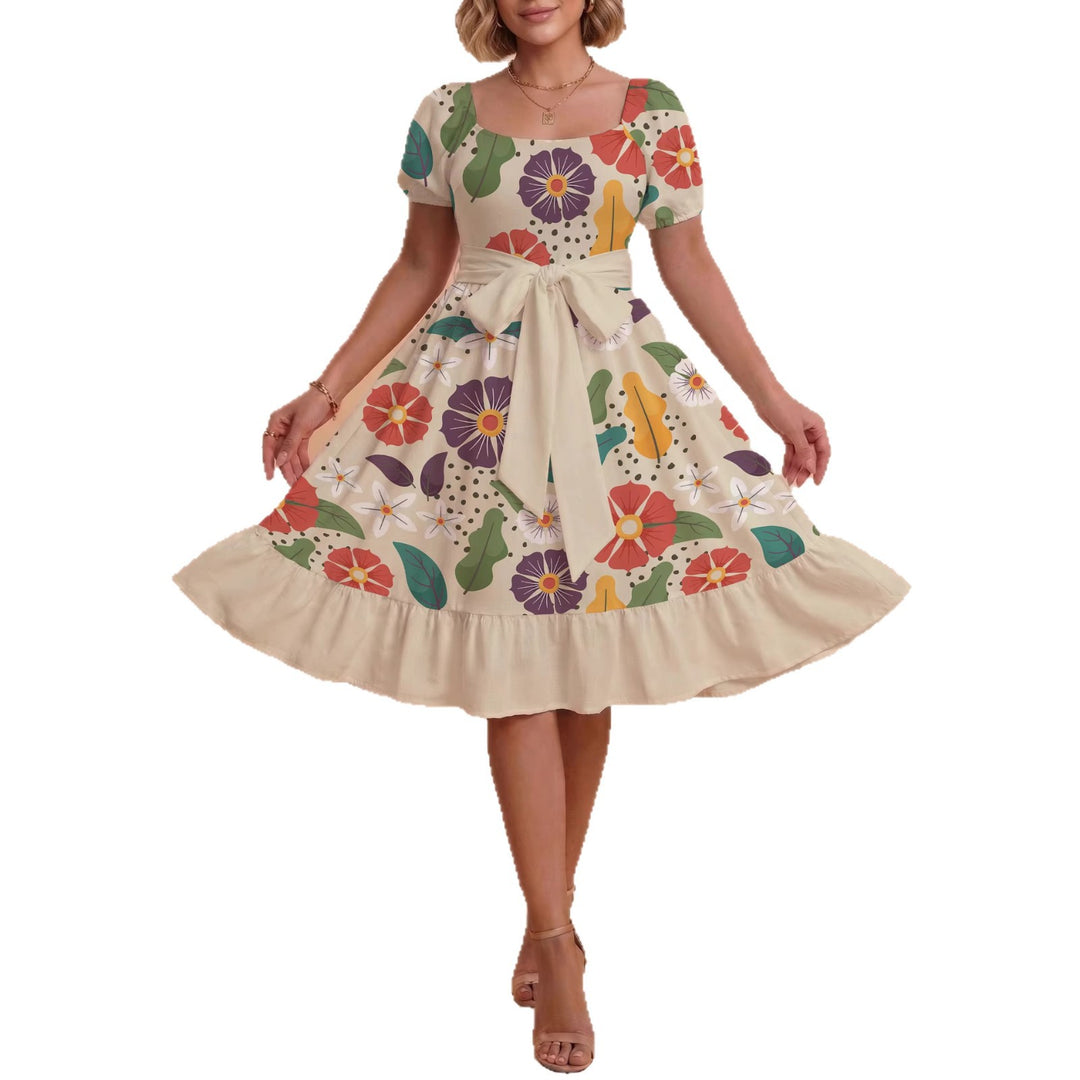 Dame Midi kjole med elegant blomstertrykk og belte i midjen Skjora
