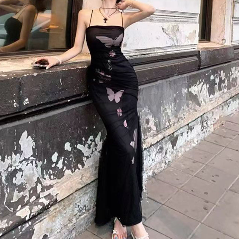 Dames elegant innhyse kjole med blomstret sommerfugl trykk og justerbare spagetti stropper