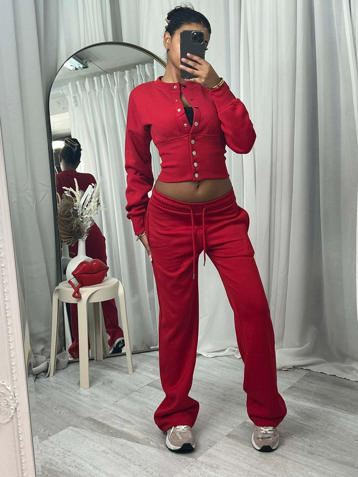 Kvinners komfortable strikket loungewear-sett med knappestolpe Skjora