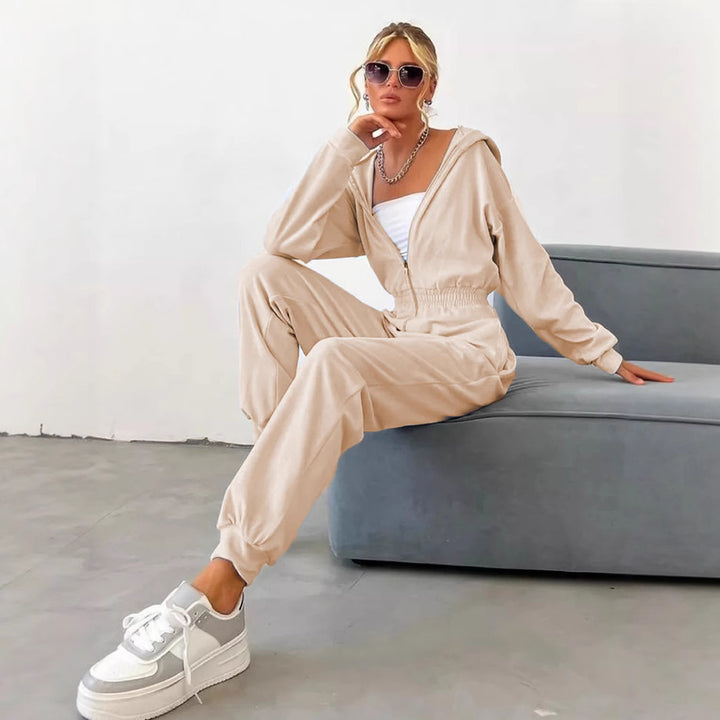 Damer sporty fleece jumpsuit med hette og elastisk midje Skjora