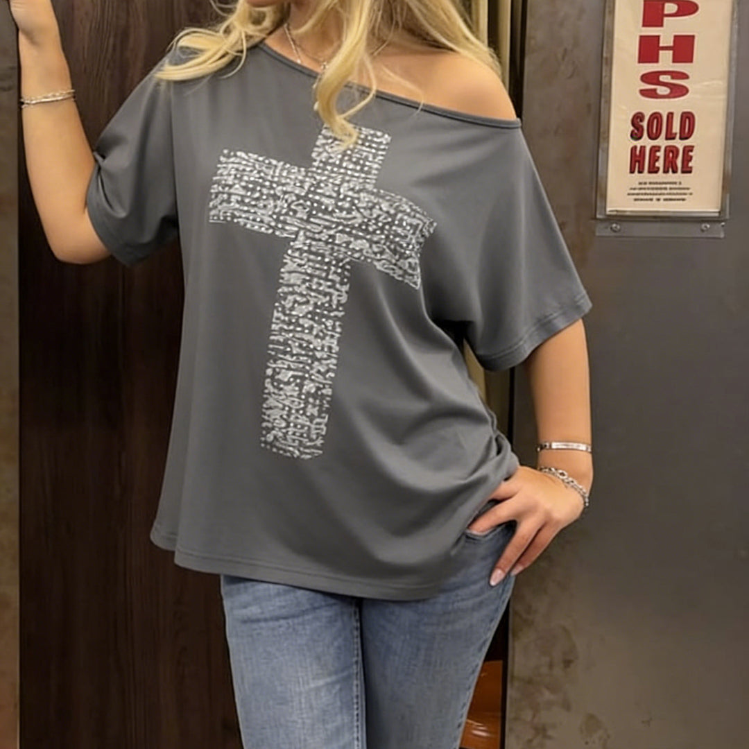 Damer casual topp med kreativt kryssmotiv Skjora