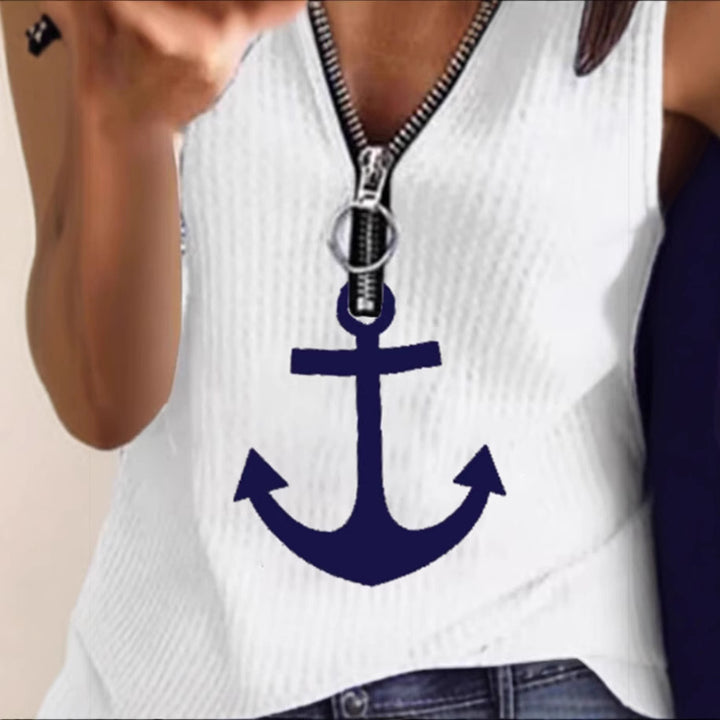 Dame Sporty T-skjorte med glidelås og maritime motiver Skjora