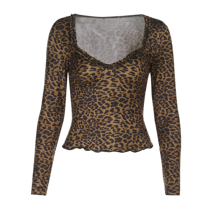 Damer elegant leopardmønster langermet topp Skjora