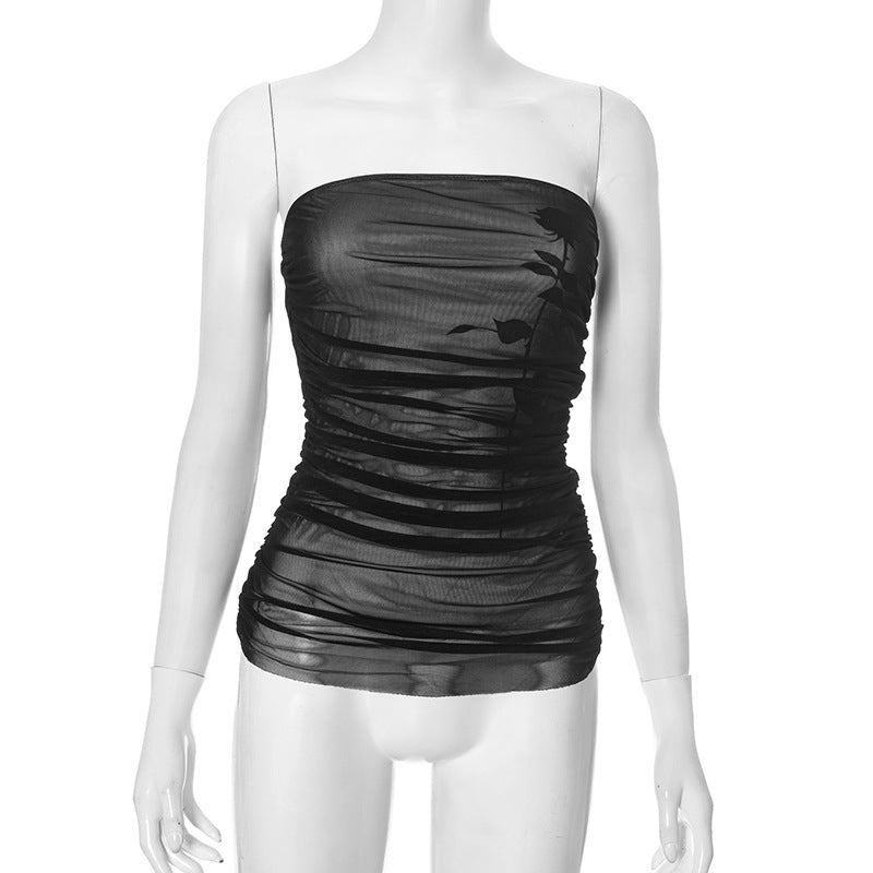 Dame Bandeau-top med rynk og transparent stoff Skjora