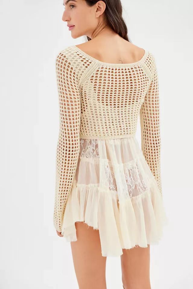Damer heklet Crop-Top med vide ermer og fargerike striper Skjora