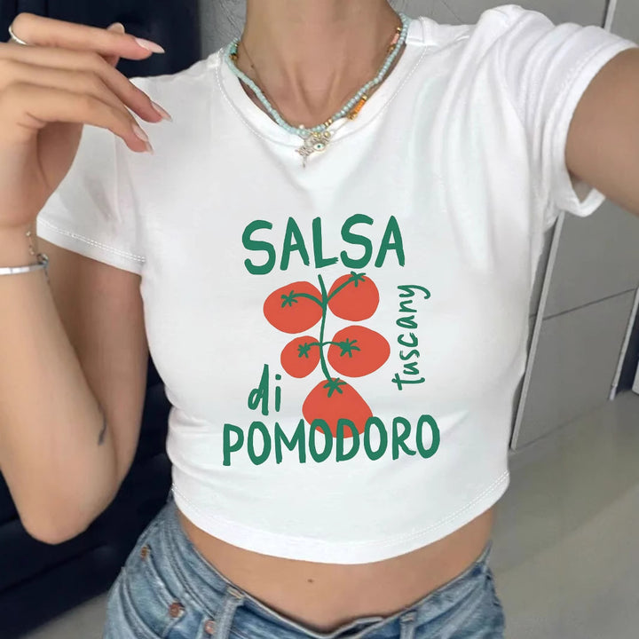 Dame Crop-Top med kreativt tomatomotiv og morsom tekst Skjora