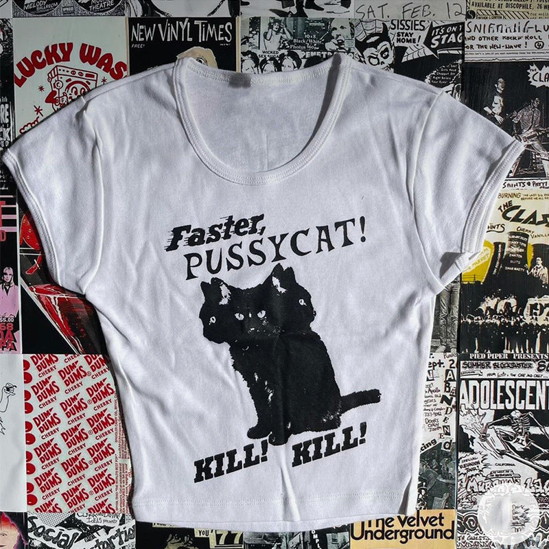 Damer cropped skjorte med kunstnerisk kattemotiv Skjora