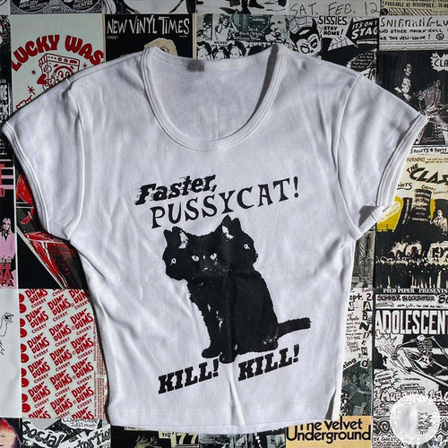 Damer cropped skjorte med kunstnerisk kattemotiv Skjora