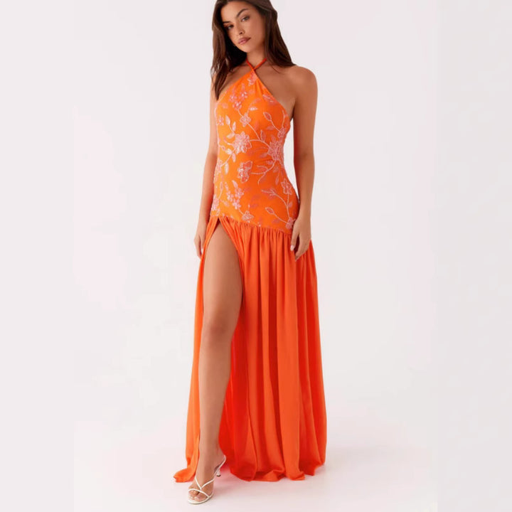Damer Elegant Maxi Kjole med Blomstertrykk og Utrigning Skjørt Skjora