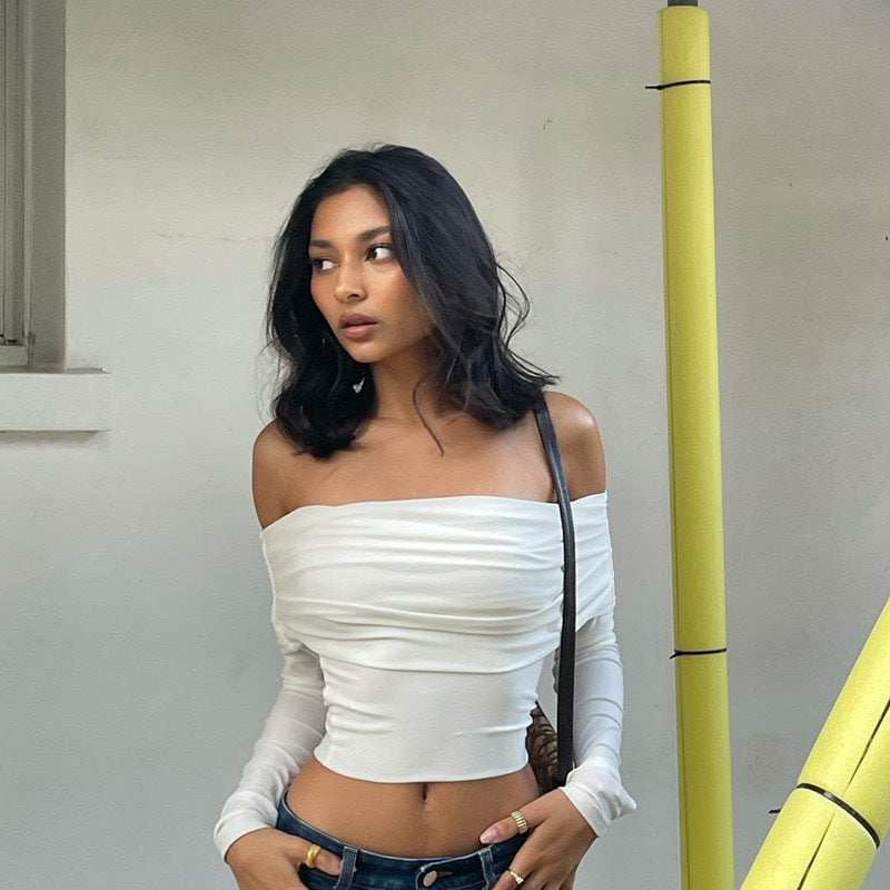 Damer Offshoulder Crop-Top med rynke Skjora