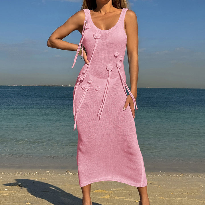 Damen Elegantes Strickkleid mit Blumenapplikationen und seitlichem Bindegürtel Skjora