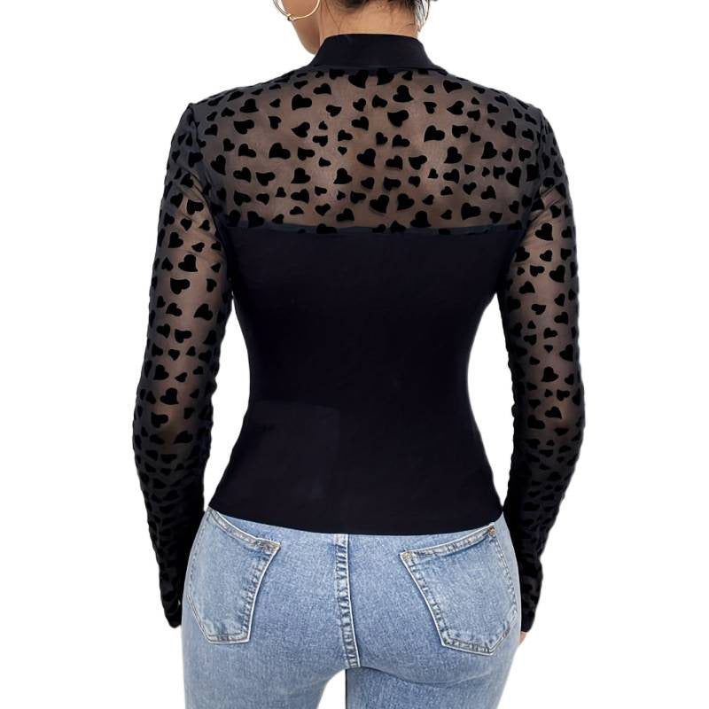 Damer Langarm-body med transparente hjerter og elegant høy krage Skjora
