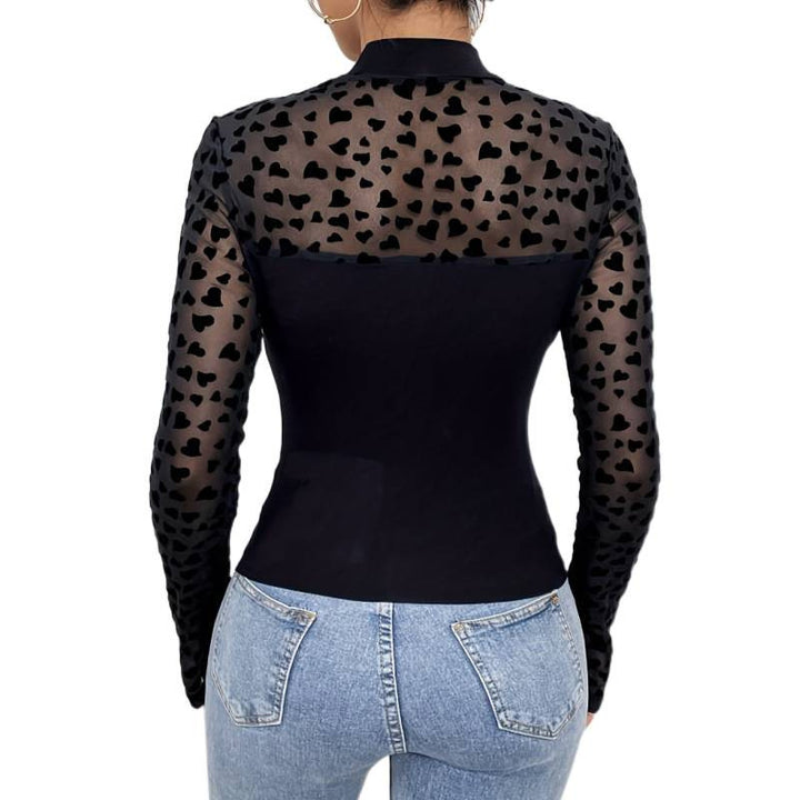 Damer Langarm-body med transparente hjerter og elegant høy krage Skjora