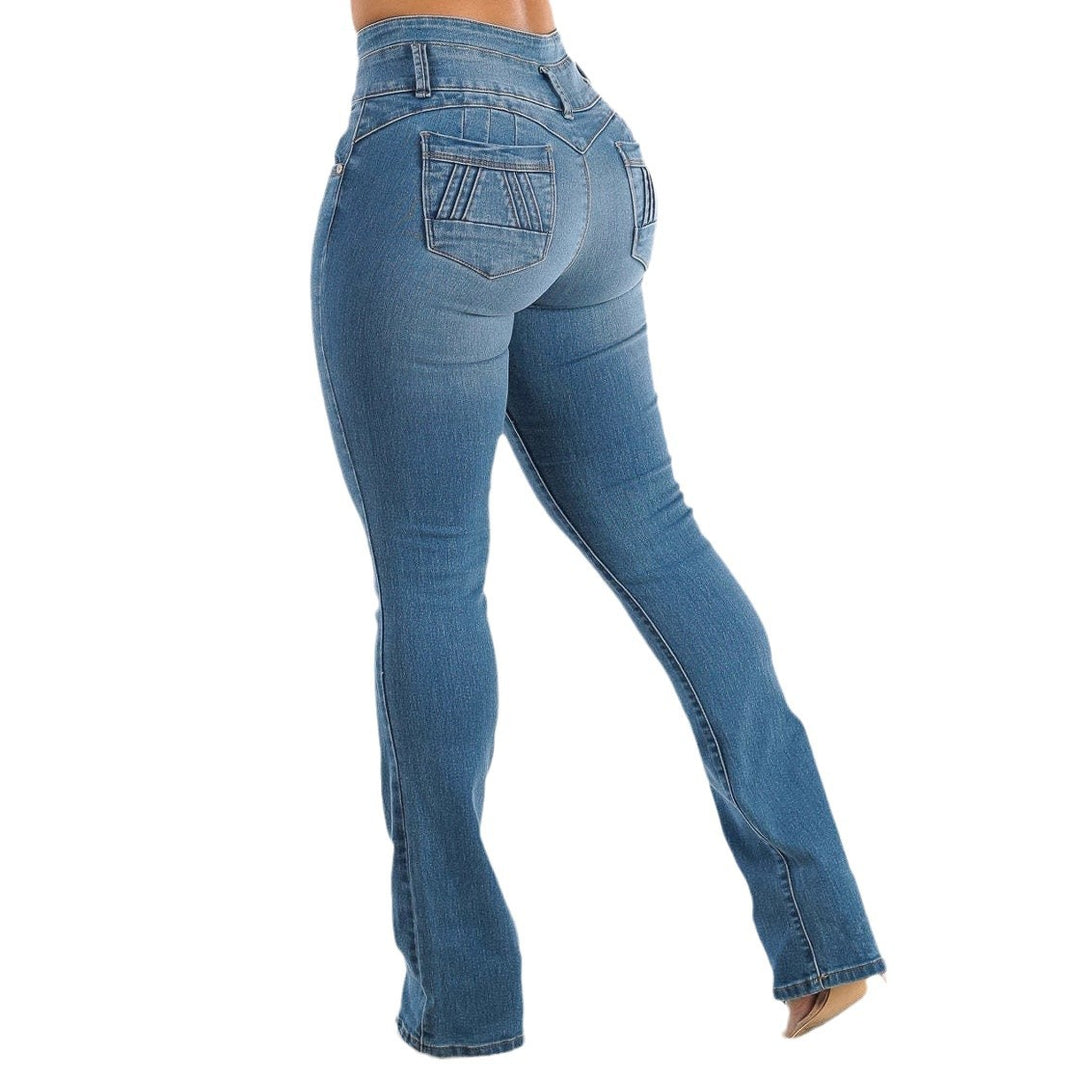 Kvinner Høyt liv Skinny Jeans med Dekorative Knappe Detaljer og Elastisk Livlinje