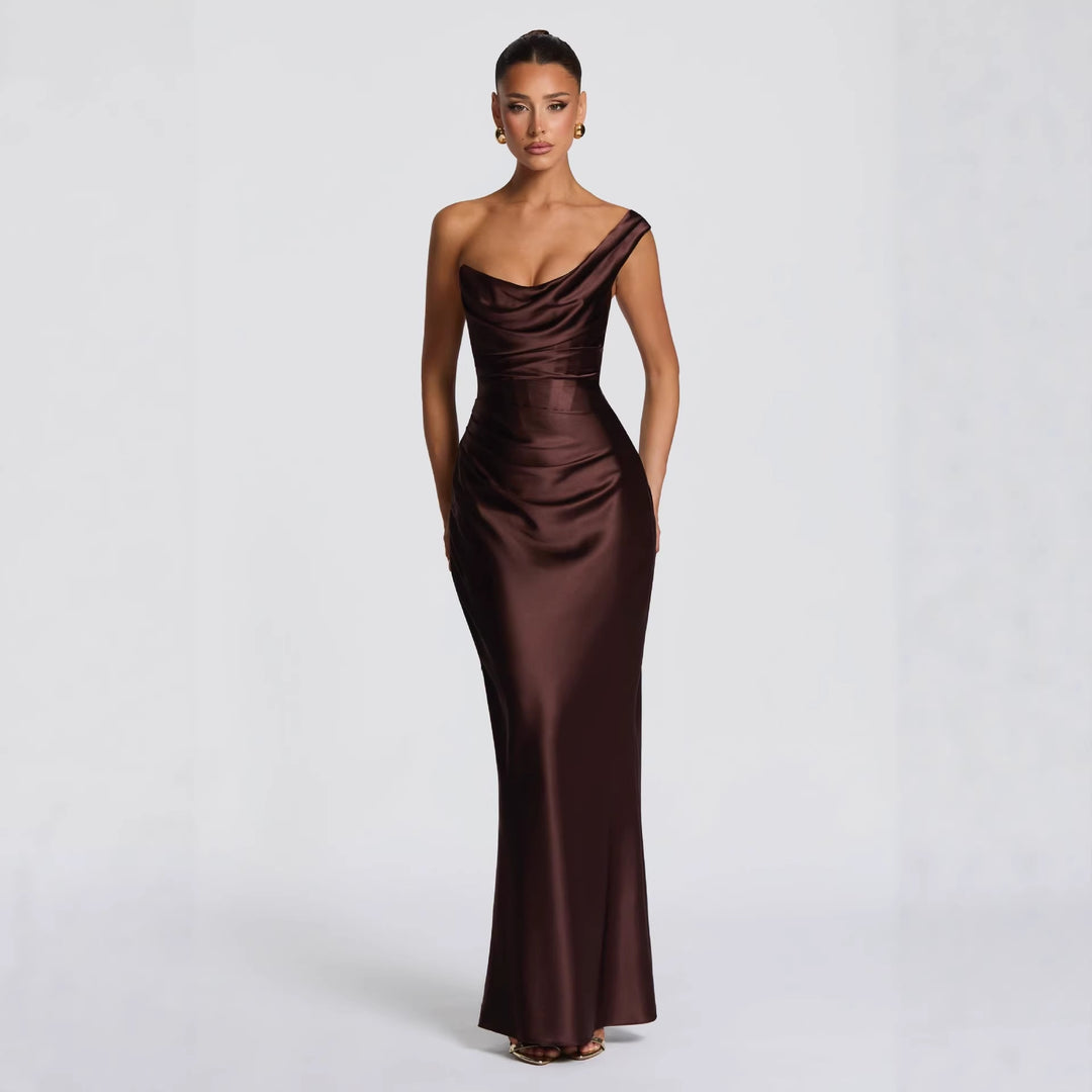 Damer Elegant Satin Lang Kveldskjole med asymmetrisk snitt og figurskinnende design Skjora