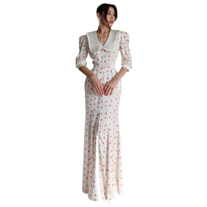 Dame maxi kjole med elegant kragebesetning og blomstermotiver