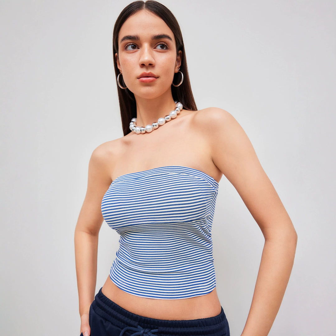 Dame Bandeau-top med fine striper Skjora
