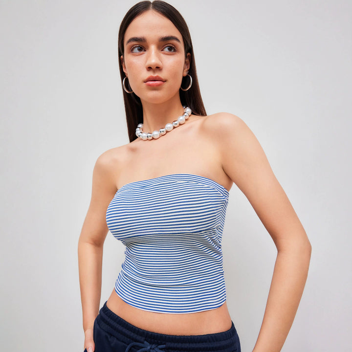Dame Bandeau-top med fine striper Skjora