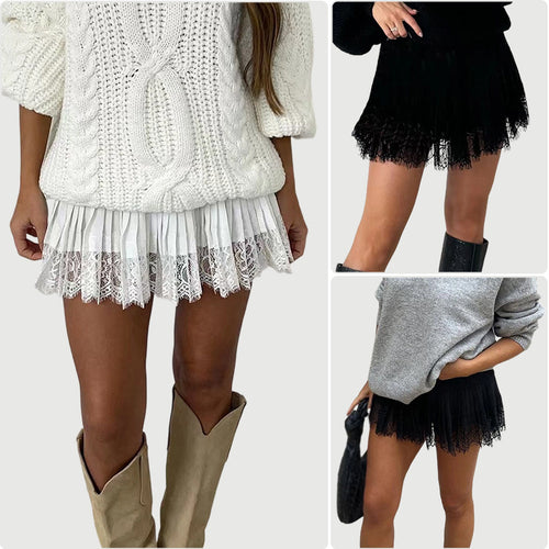 Kvinnes fringed mini skjørt med elegant blondekant og høy midje Skjora