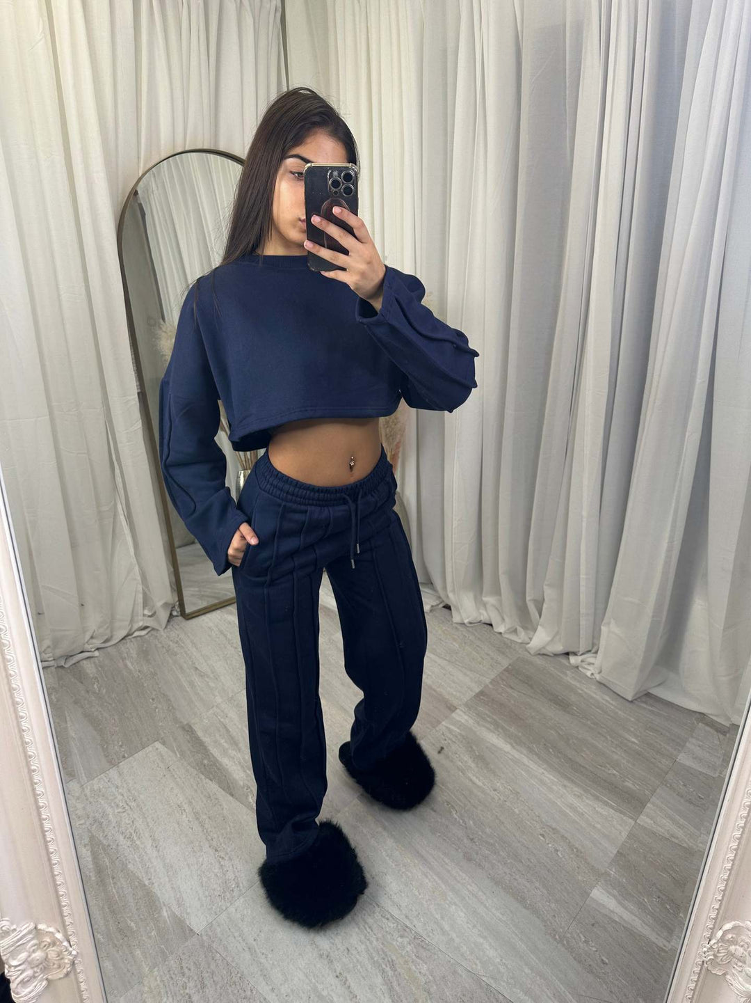 Dame Casual Crop Hoodie og Vid Joggebukse Sett Skjora