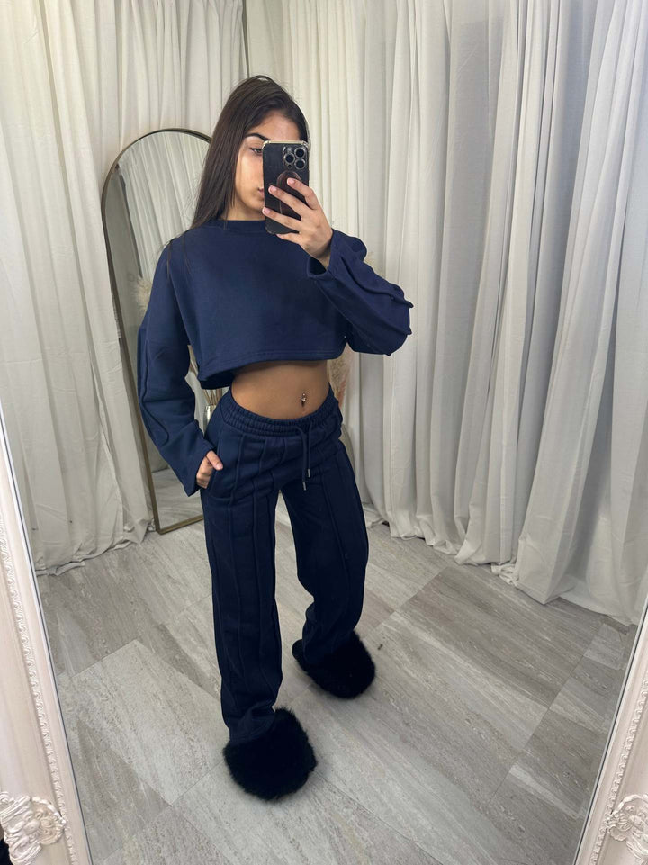 Dame Casual Crop Hoodie og Vid Joggebukse Sett Skjora