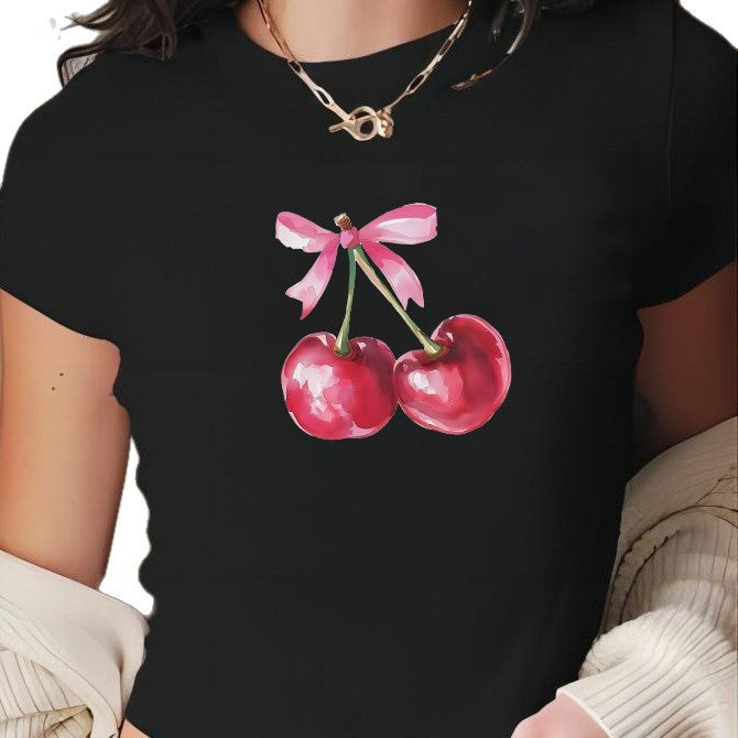 Dame Crop-T-skjorte med glad kirsebærmotiv Skjora